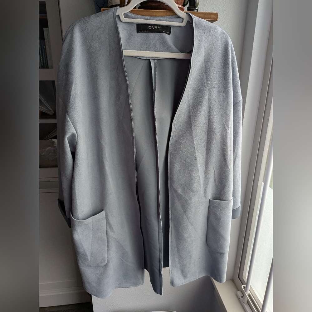 ZARA Basic Faux Suede Open Front Duster Jacket – Dusty Blue (Size S)